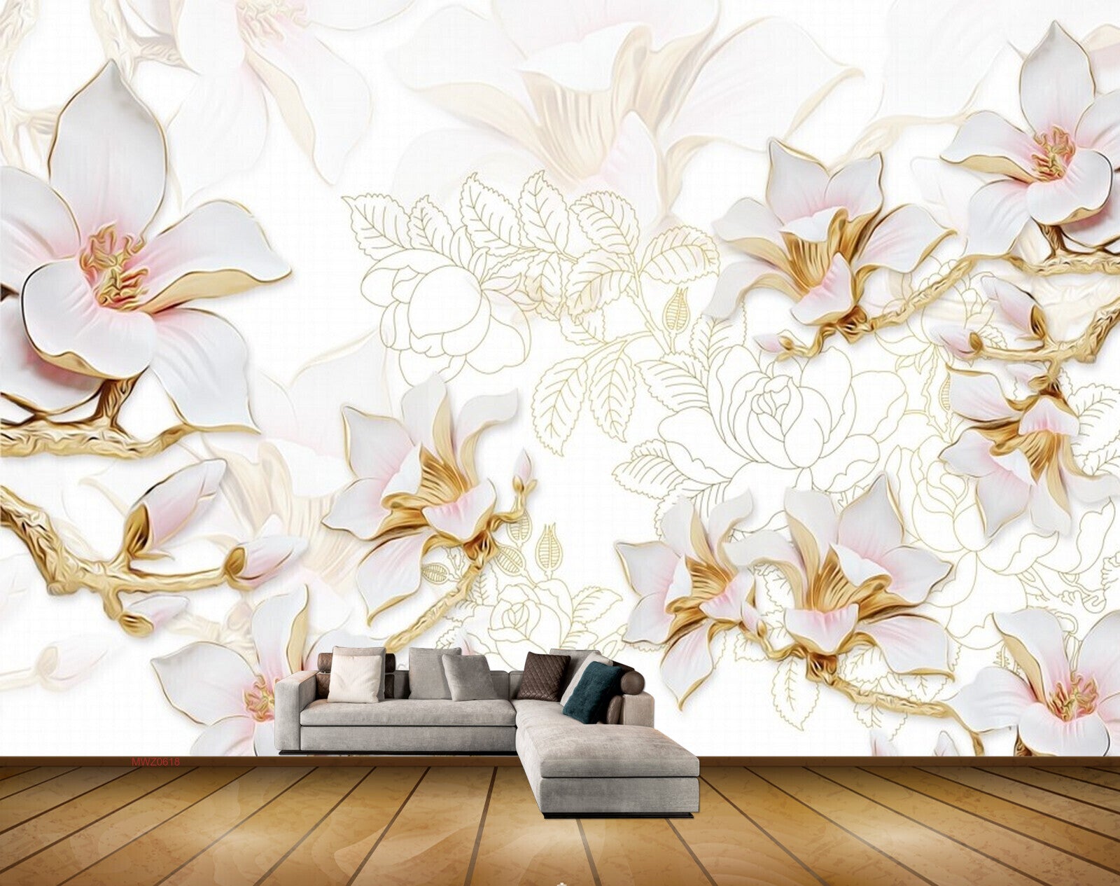 Avikalp MWZ0618 White Pink Flowers Leaves 3D HD Wallpaper