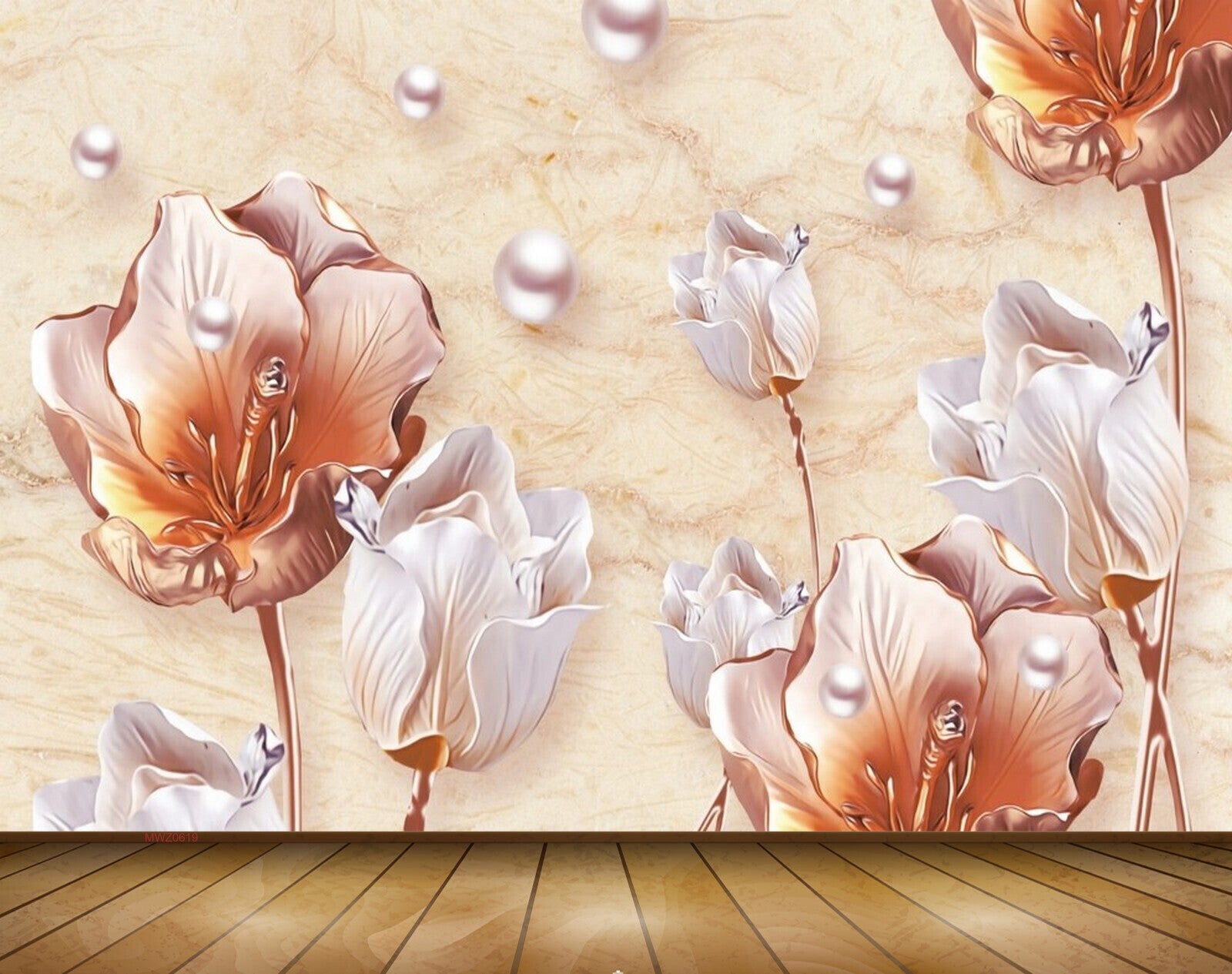 Avikalp MWZ0619 White Golden Flowers 3D HD Wallpaper
