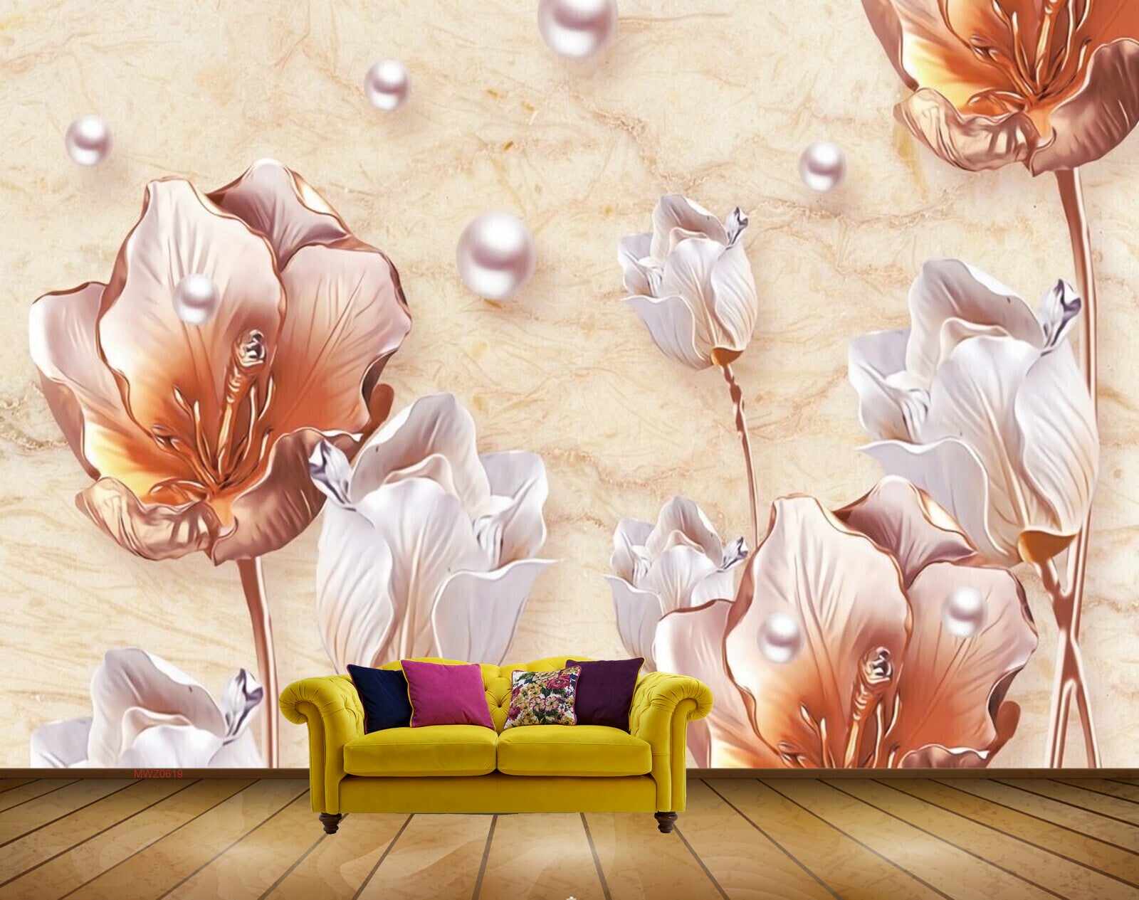Avikalp MWZ0619 White Golden Flowers 3D HD Wallpaper