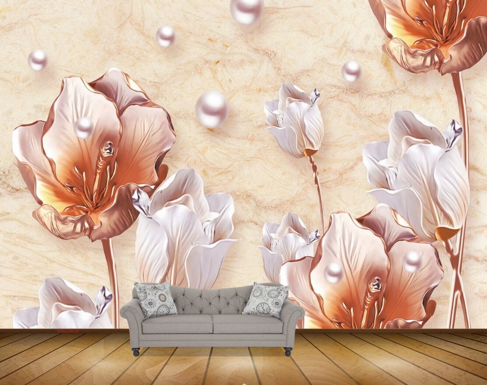 Avikalp MWZ0619 White Golden Flowers 3D HD Wallpaper