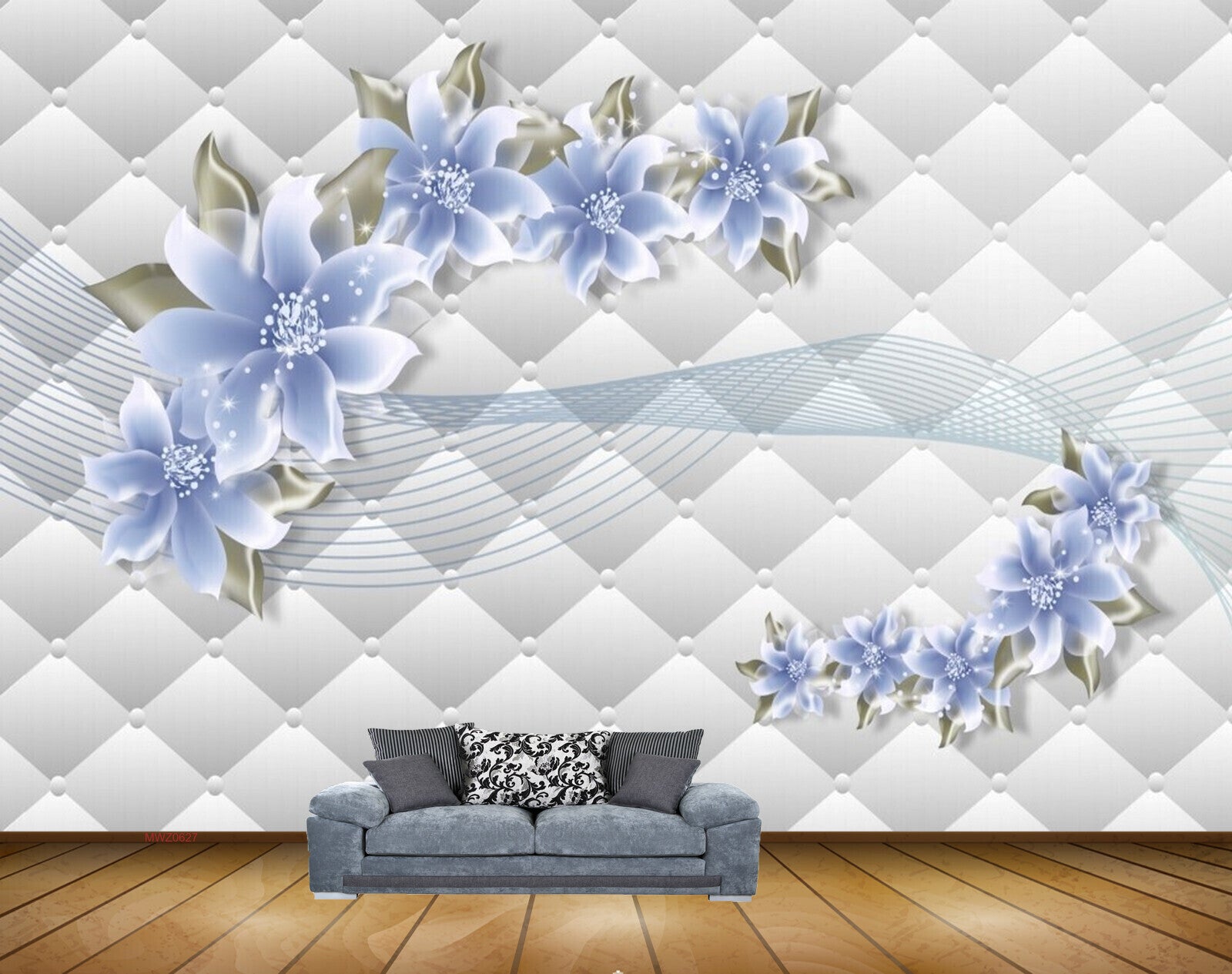 Avikalp MWZ0627 Blue Flowers Leaves 3D HD Wallpaper