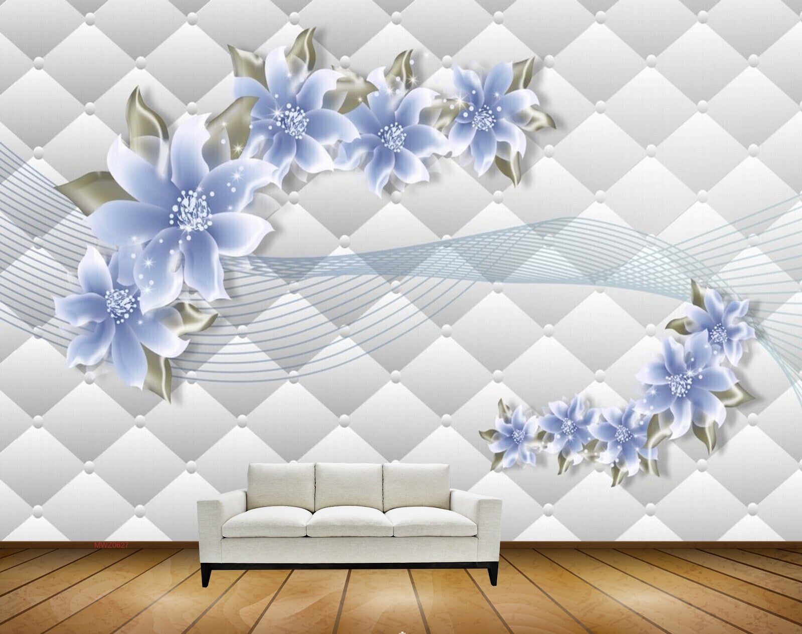 Avikalp MWZ0627 Blue Flowers Leaves 3D HD Wallpaper
