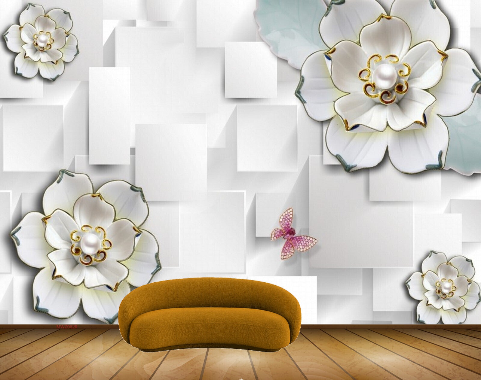 Avikalp MWZ0629 White Flowers Pink Butterfly 3D HD Wallpaper