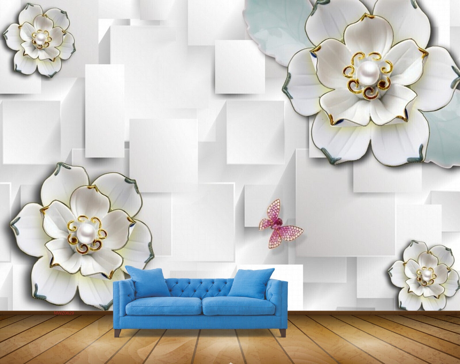 Avikalp MWZ0629 White Flowers Pink Butterfly 3D HD Wallpaper