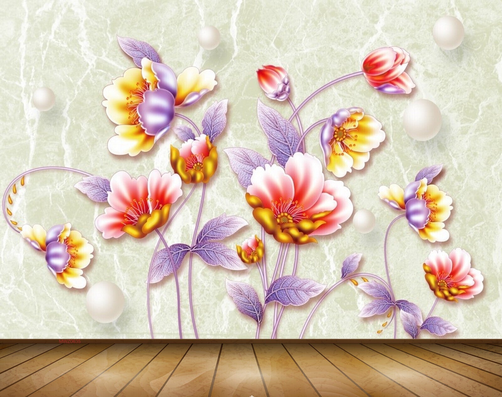 Avikalp MWZ0635 Pink Yellow Flowers Leaves 3D HD Wallpaper