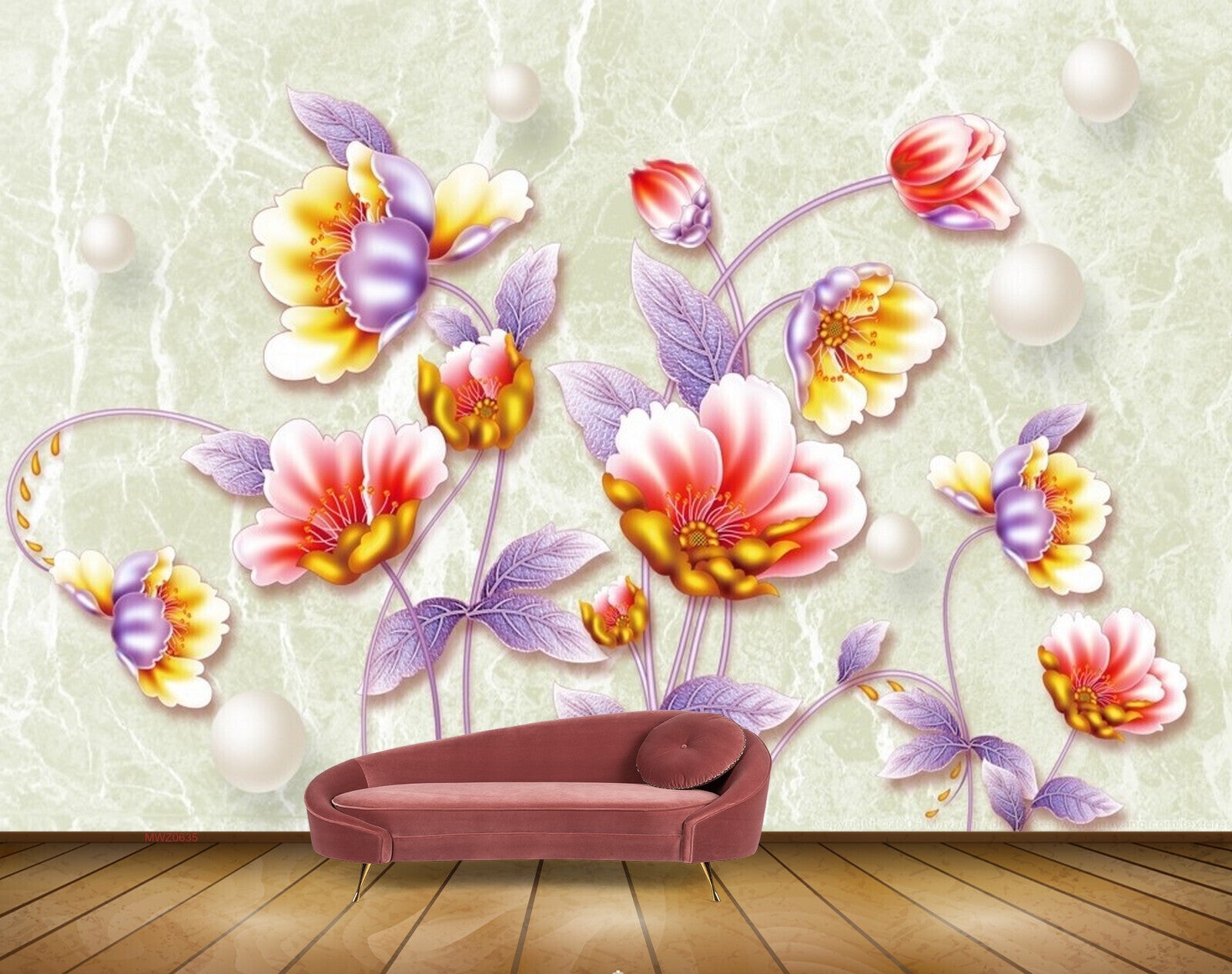 Avikalp MWZ0635 Pink Yellow Flowers Leaves 3D HD Wallpaper