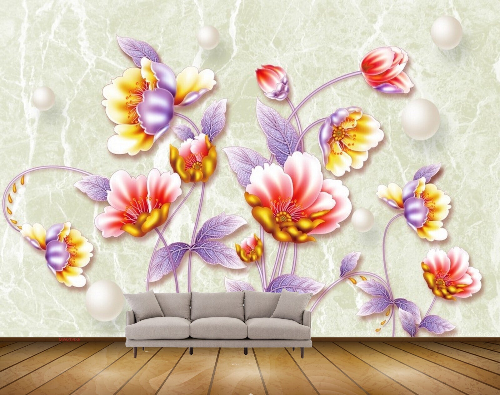 Avikalp MWZ0635 Pink Yellow Flowers Leaves 3D HD Wallpaper