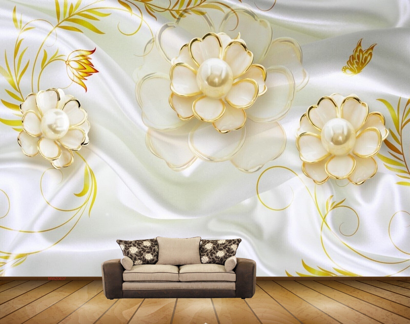 Avikalp MWZ0637 White Golden Flowers Butterfly HD Wallpaper