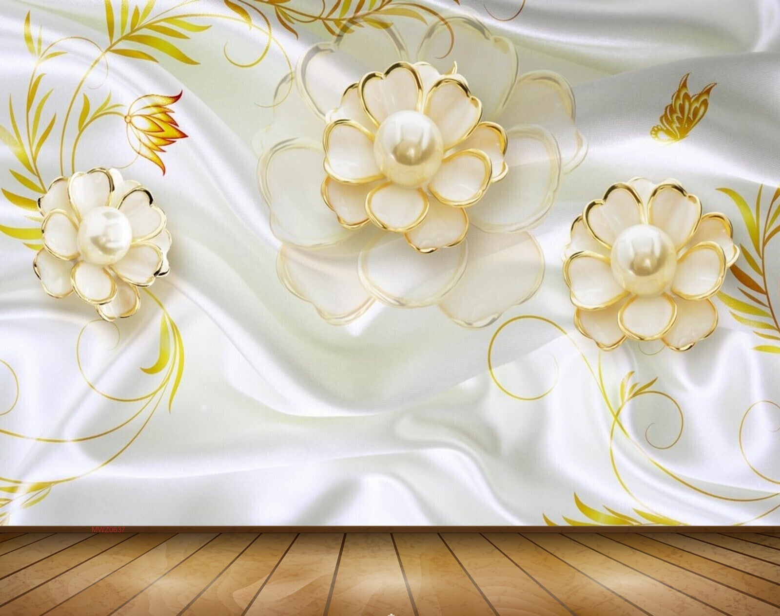 Avikalp MWZ0637 White Golden Flowers Butterfly 3D HD Wallpaper