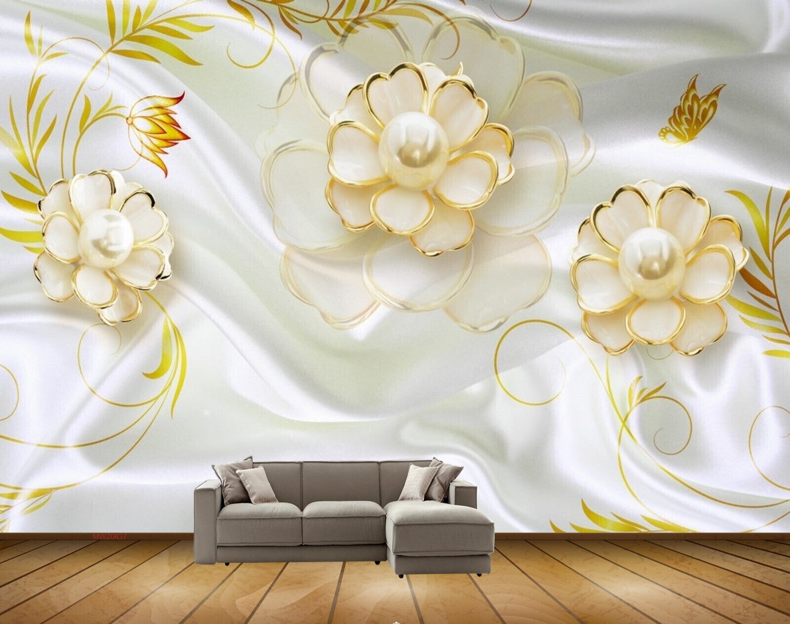 Avikalp MWZ0637 White Golden Flowers Butterfly 3D HD Wallpaper