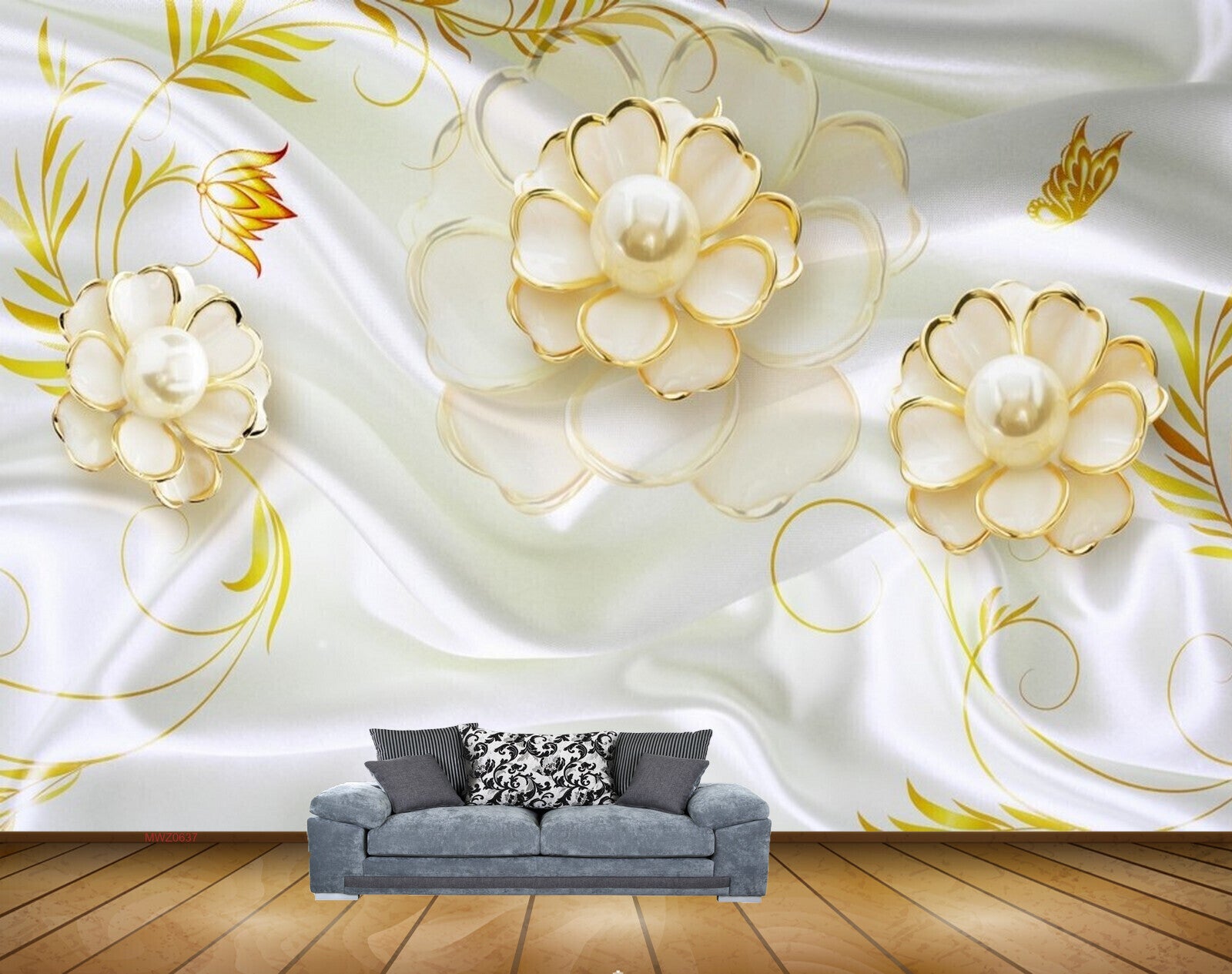 Avikalp MWZ0637 White Golden Flowers Butterfly 3D HD Wallpaper