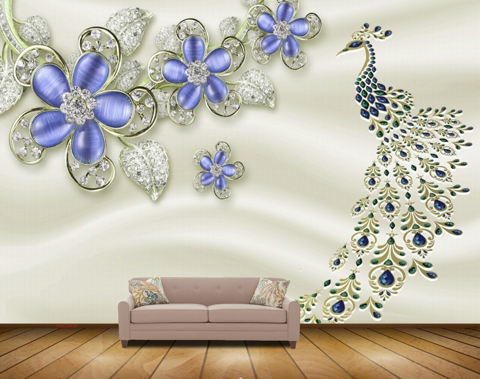 Avikalp MWZ0638 Peacock Blue Flowers 3D HD Wallpaper