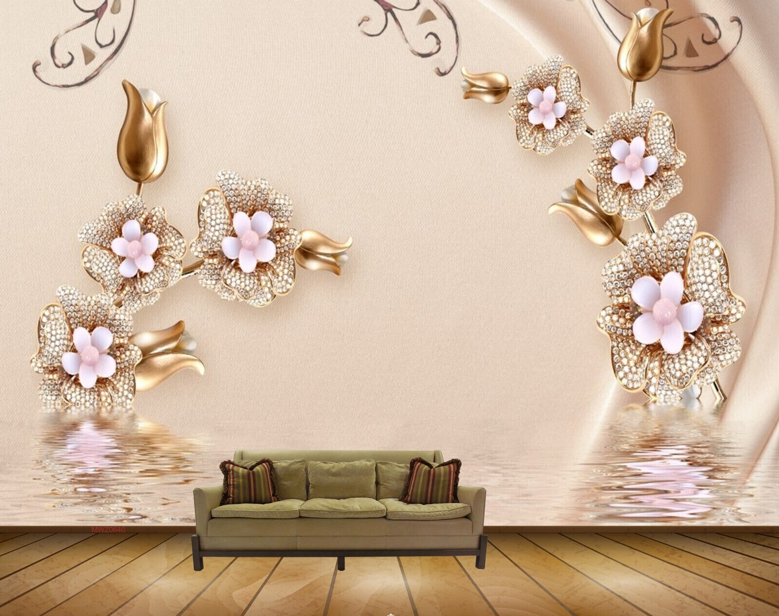 Avikalp MWZ0640 White Golden Flowers HD Wallpaper