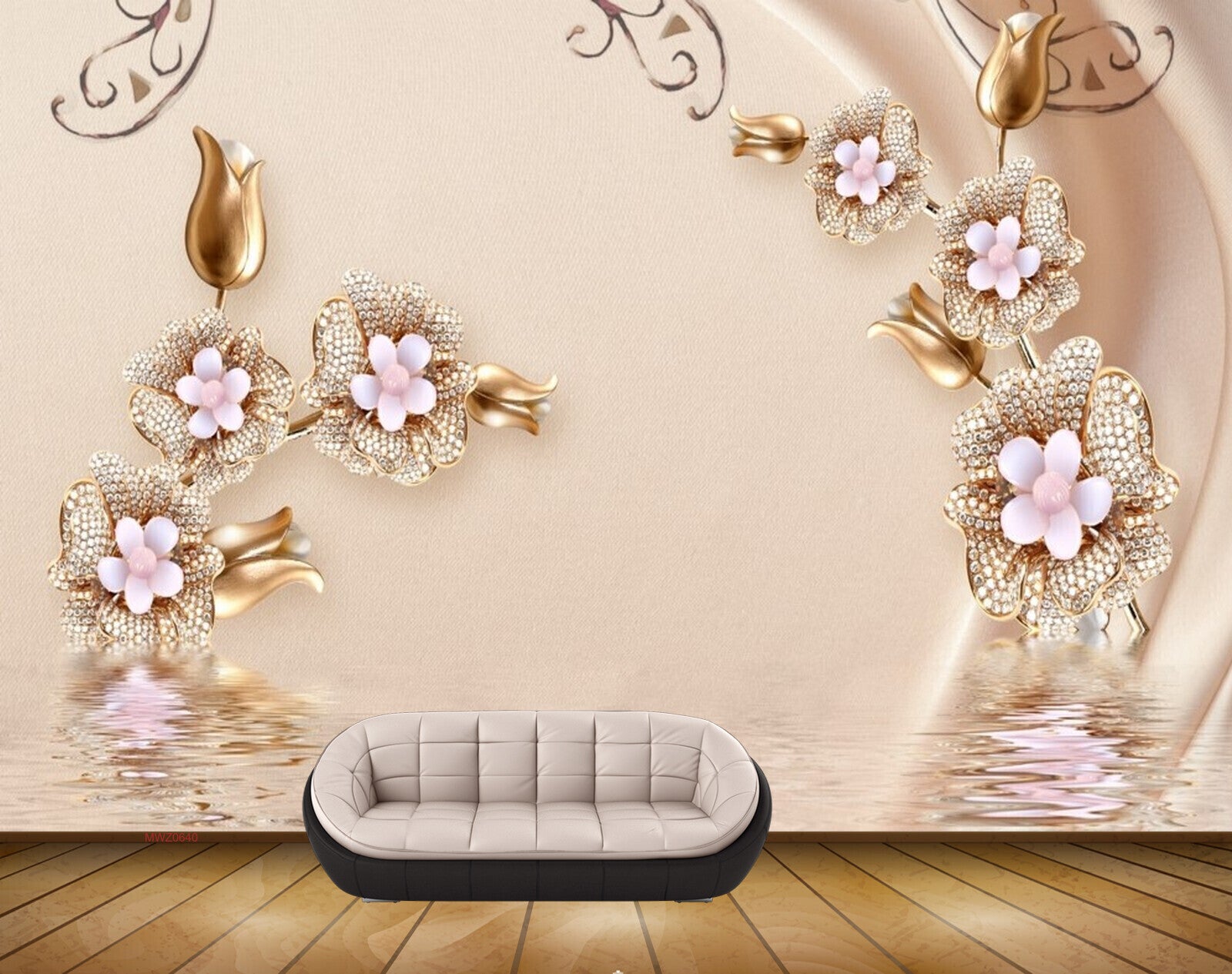 Avikalp MWZ0640 White Golden Flowers 3D HD Wallpaper