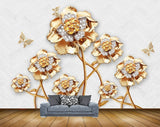 Avikalp MWZ0642 Golden White Flowers Butterflies HD Wallpaper