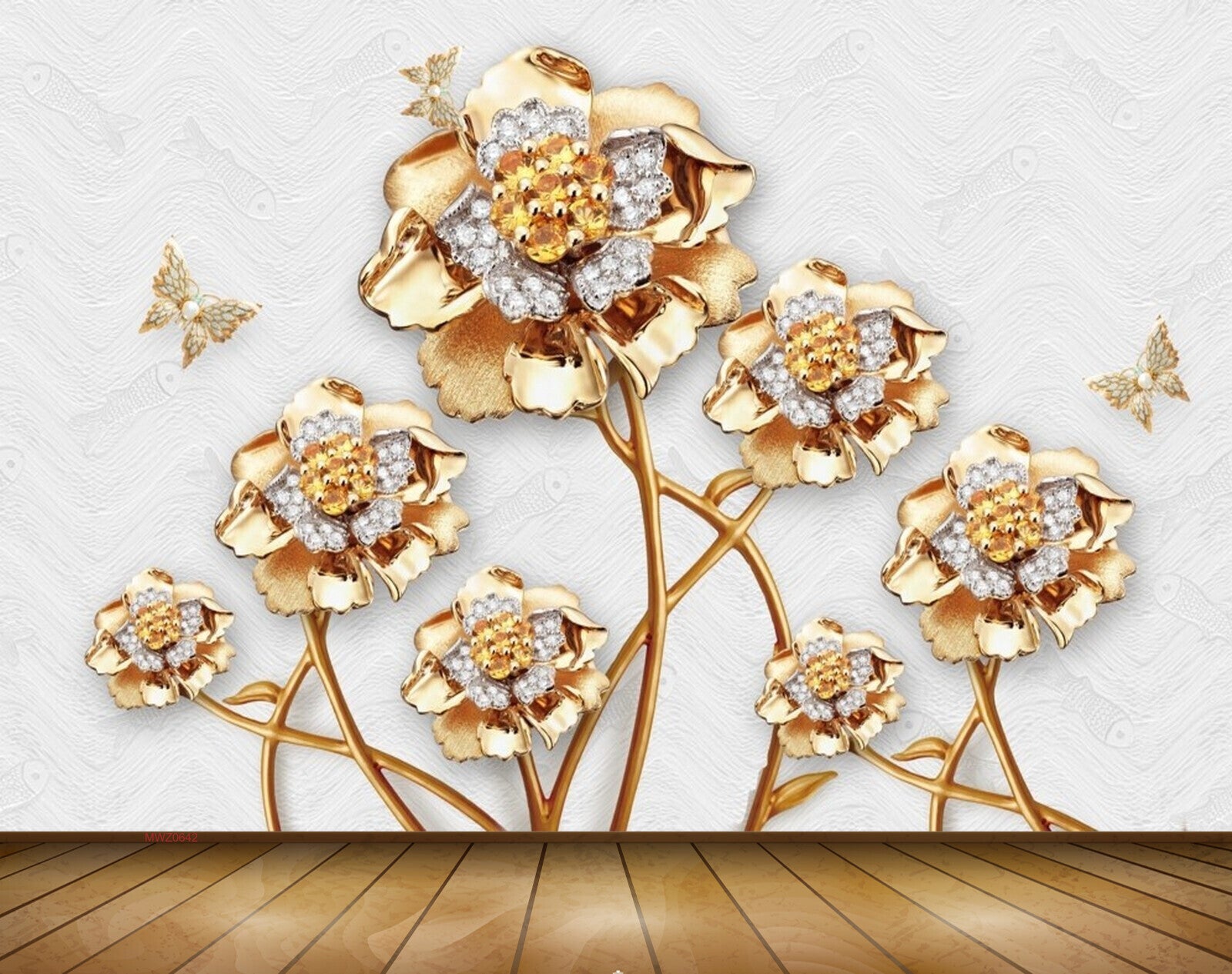 Avikalp MWZ0642 Golden White Flowers Butterflies 3D HD Wallpaper