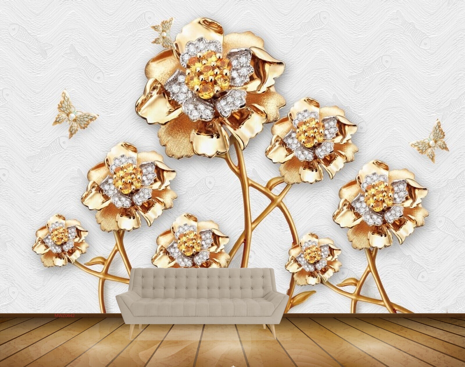 Avikalp MWZ0642 Golden White Flowers Butterflies 3D HD Wallpaper