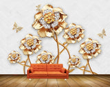 Avikalp MWZ0642 Golden White Flowers Butterflies 3D HD Wallpaper