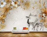 Avikalp MWZ0643 Deers White Golden Flowers HD Wallpaper