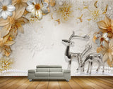 Avikalp MWZ0643 Deers White Golden Flowers 3D HD Wallpaper