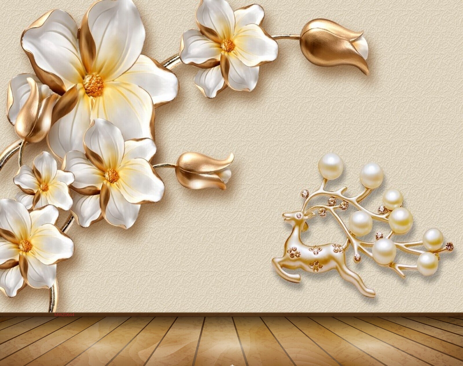 Avikalp MWZ0644 White Golden Flowers Deer 3D HD Wallpaper