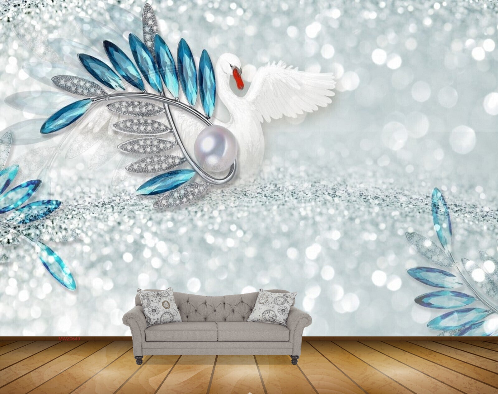 Avikalp MWZ0649 Blue Silver Leaves Crane 3D HD Wallpaper