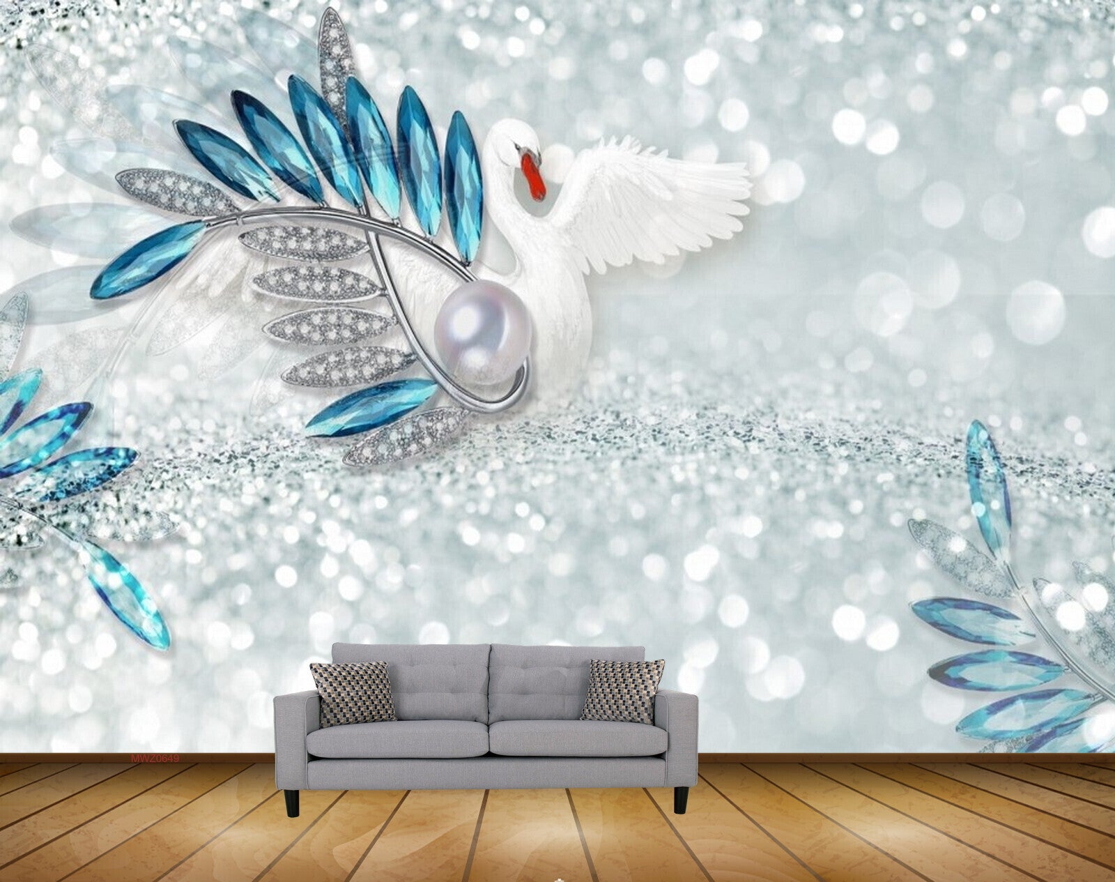 Avikalp MWZ0649 Blue Silver Leaves Crane 3D HD Wallpaper