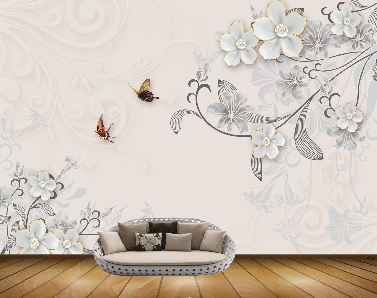 Avikalp MWZ0651 White Flowers Butterflies 3D HD Wallpaper