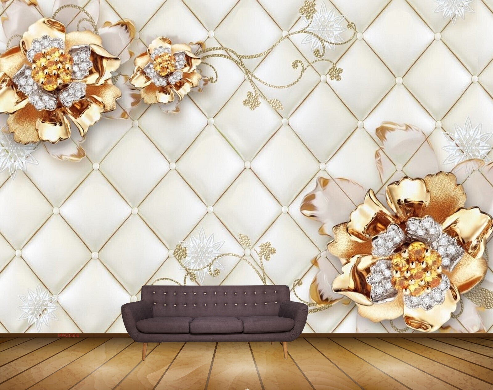 Avikalp MWZ0656 Golden Silver Flowers 3D HD Wallpaper