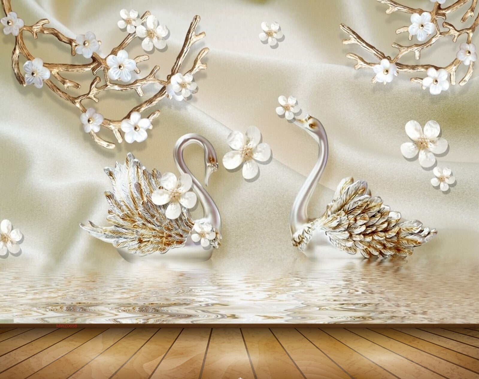 Avikalp MWZ0658 White Flowers Branches Swans 3D HD Wallpaper