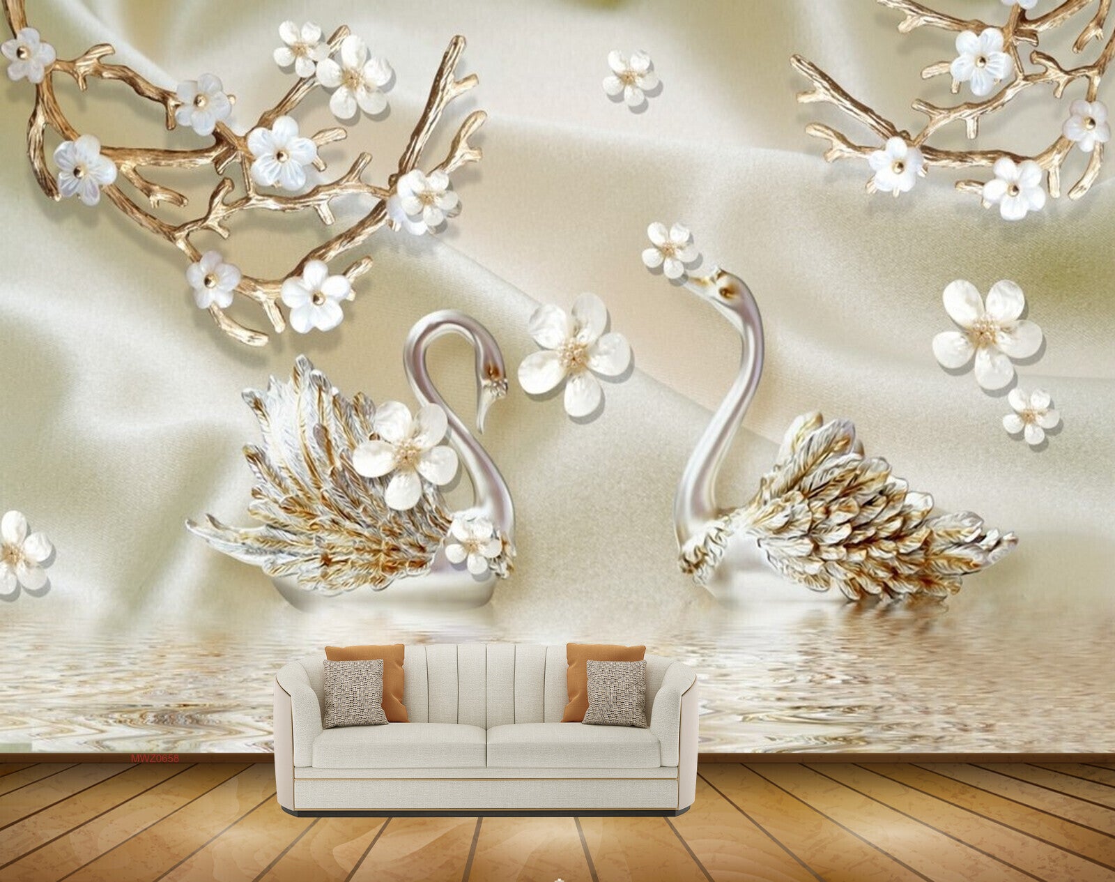 Avikalp MWZ0658 White Flowers Branches Swans 3D HD Wallpaper