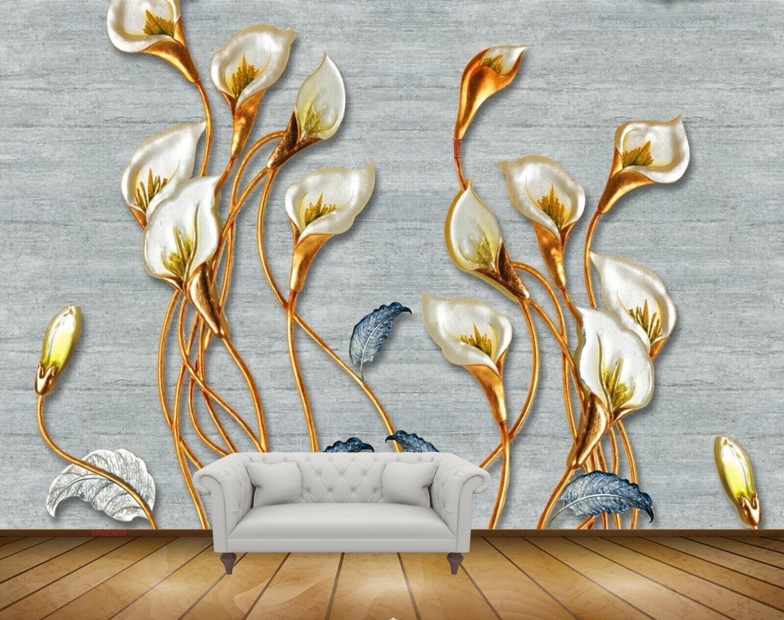 Avikalp MWZ0659 Golden White Flowers Blue Leaves HD Wallpaper