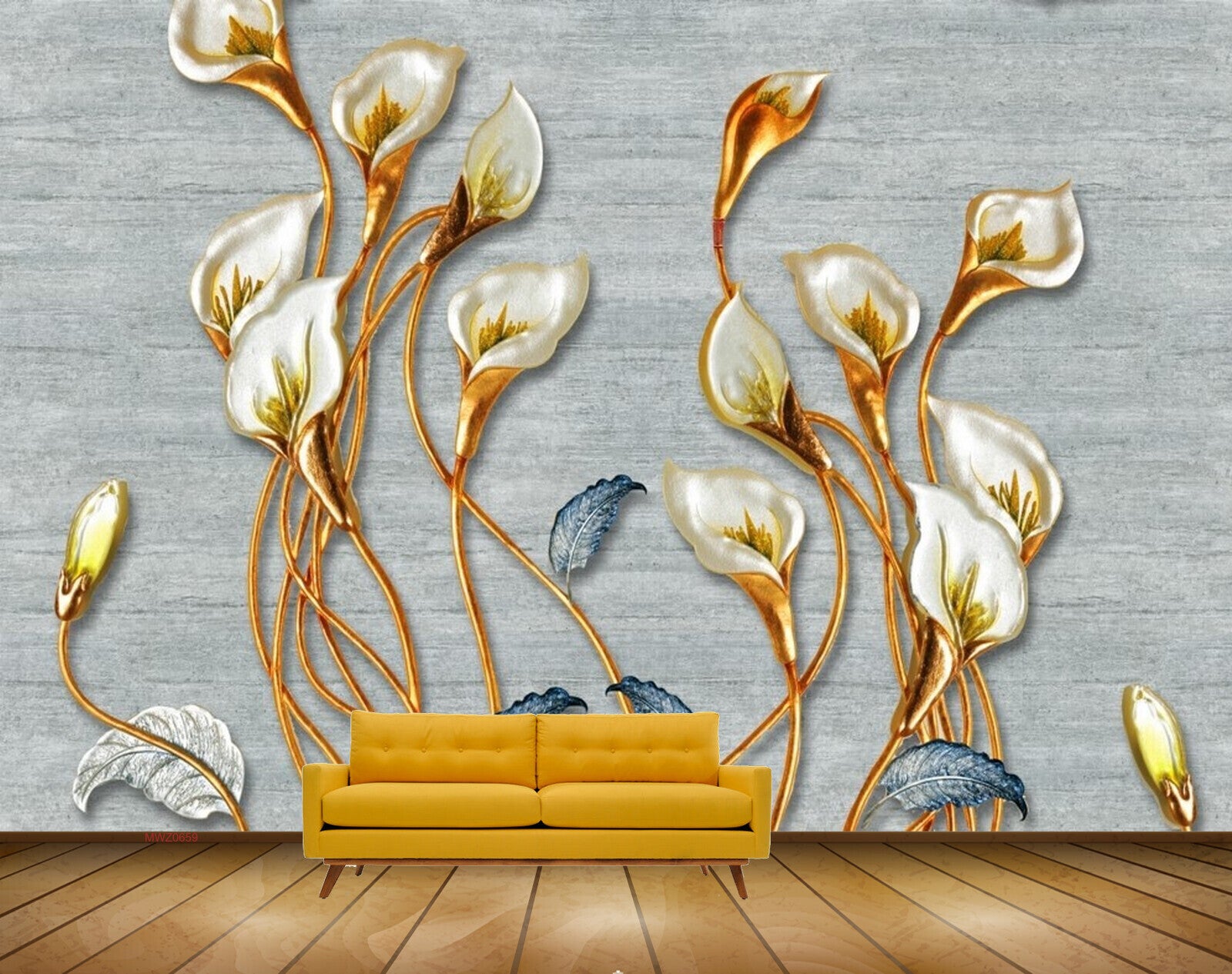 Avikalp MWZ0659 Golden White Flowers Blue Leaves 3D HD Wallpaper