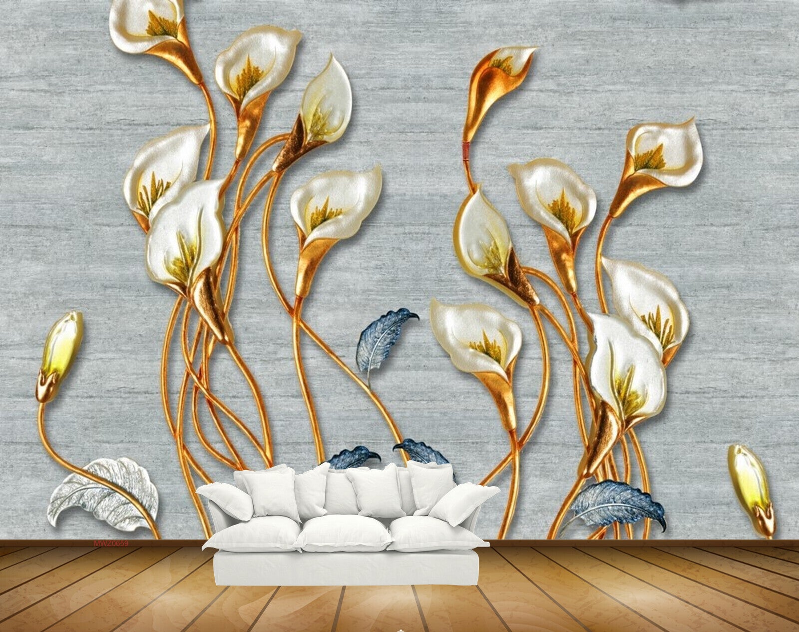 Avikalp MWZ0659 Golden White Flowers Blue Leaves 3D HD Wallpaper
