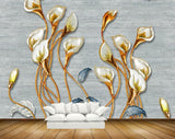 Avikalp MWZ0659 Golden White Flowers Blue Leaves 3D HD Wallpaper