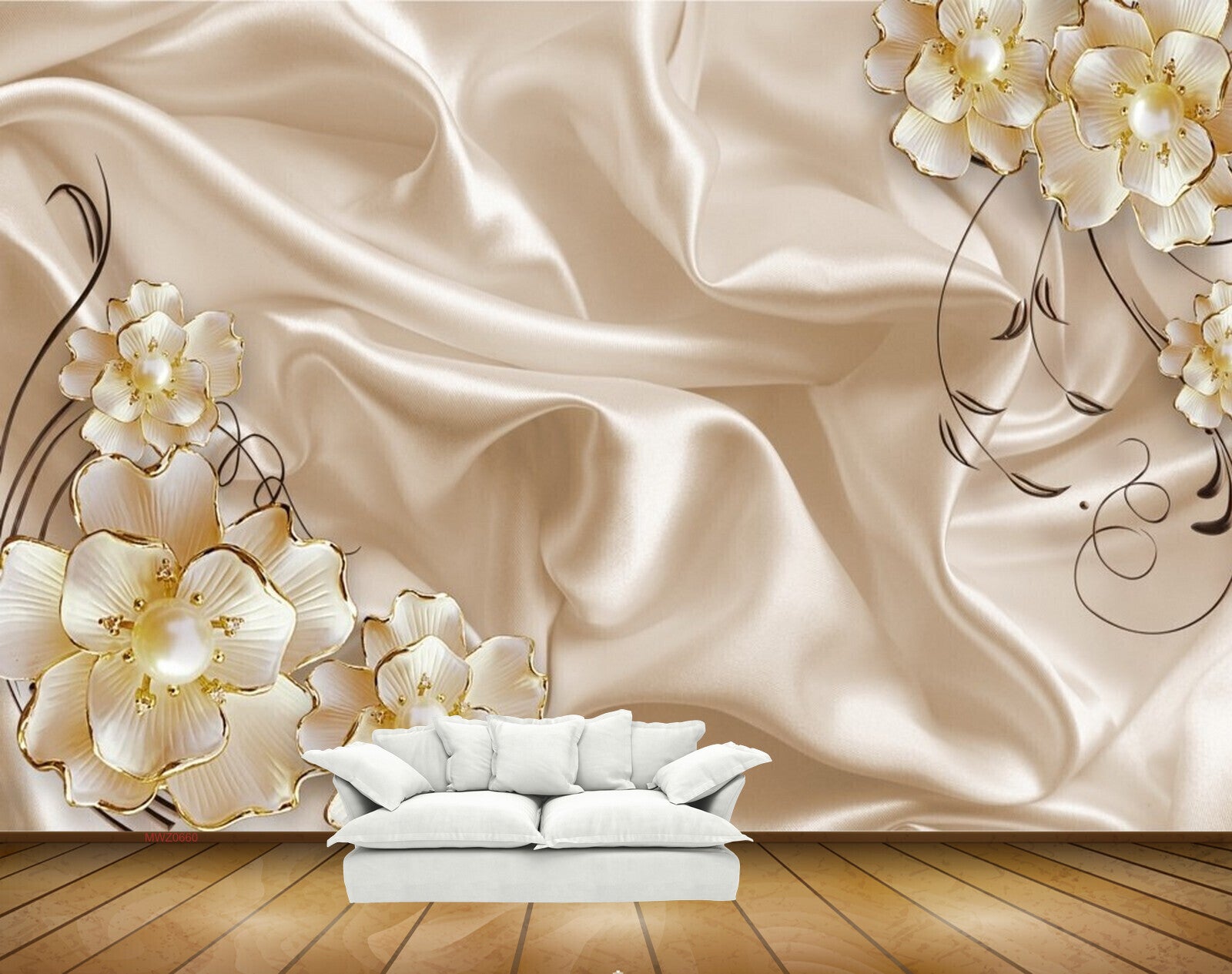Avikalp MWZ0660 White Golden Flowers HD Wallpaper