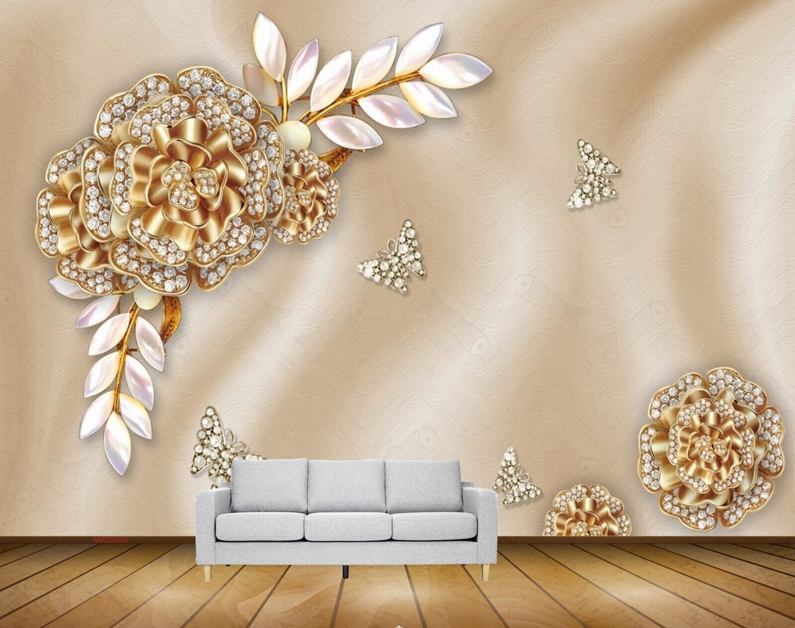 Avikalp MWZ0668 White Golden Flowes Leaves HD Wallpaper