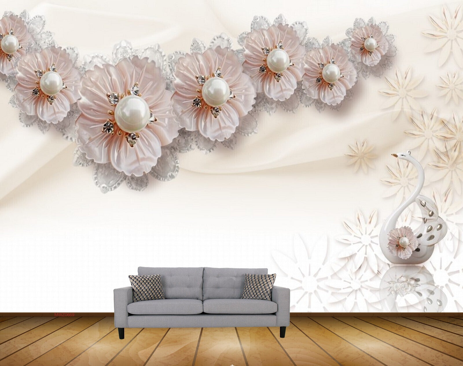 Avikalp MWZ0669 Peach Flowers Swan 3D HD Wallpaper