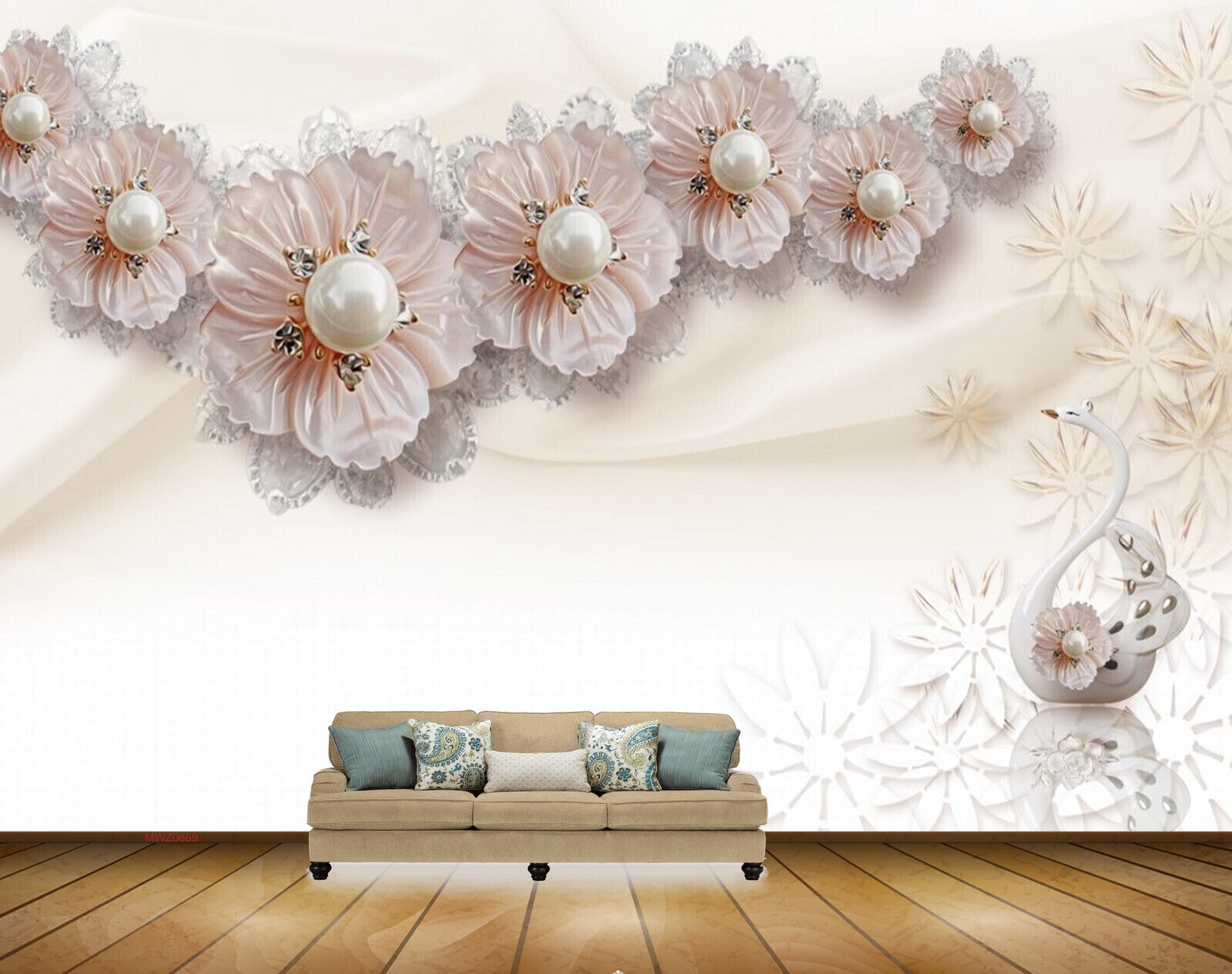 Avikalp MWZ0669 Peach Flowers Swan 3D HD Wallpaper