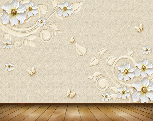 Avikalp MWZ0672 White Flowers Butterflies 3D HD Wallpaper