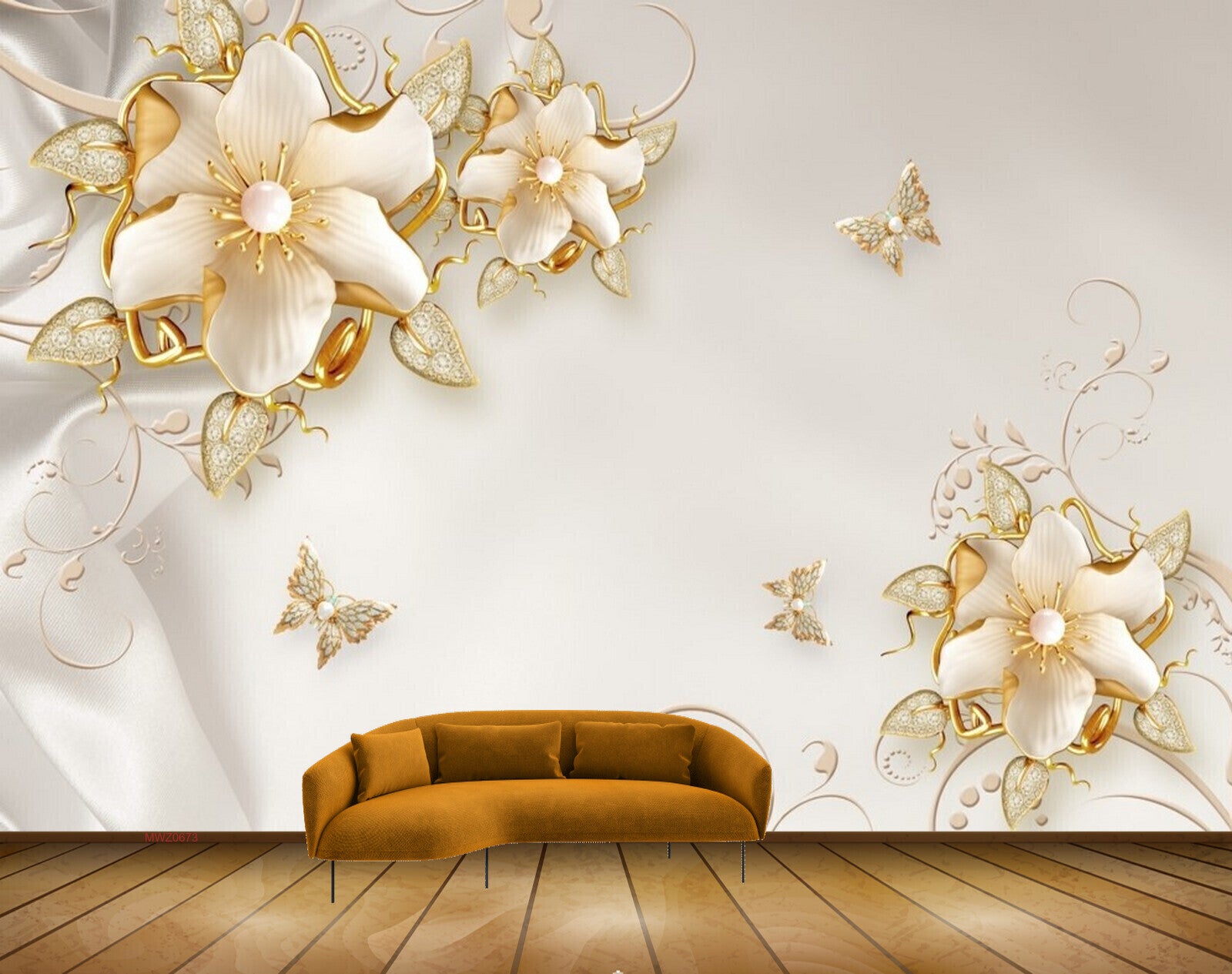 Avikalp MWZ0673 White Golden Flowers Butterflies 3D HD Wallpaper