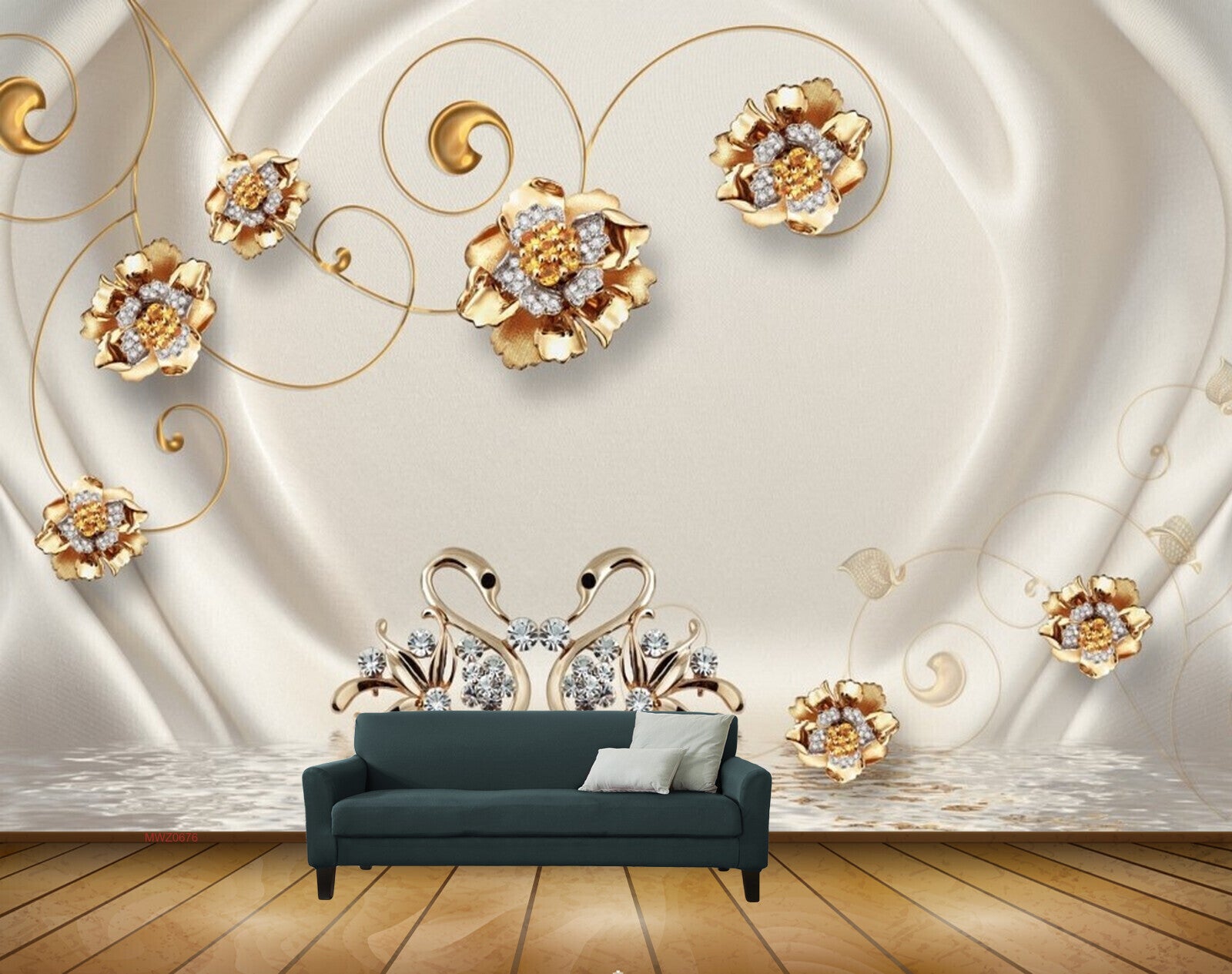 Avikalp MWZ0676 Golden Flowers Swans 3D HD Wallpaper