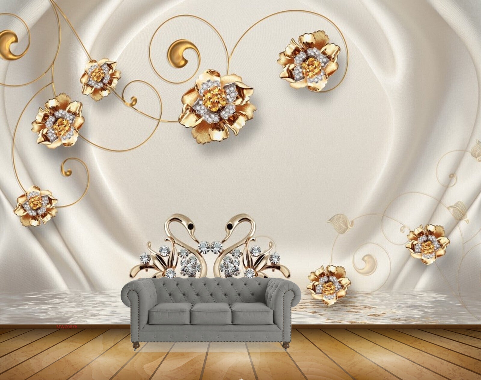 Avikalp MWZ0676 Golden Flowers Swans 3D HD Wallpaper