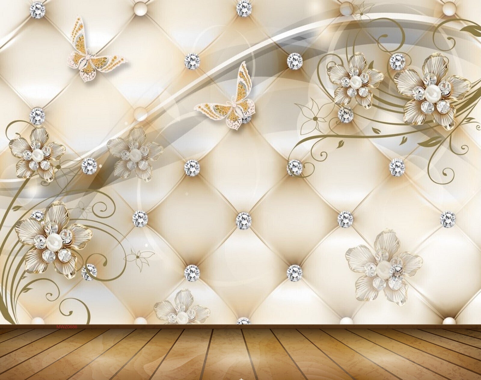 Avikalp MWZ0686 White Golden Flowers Butterflies 3D HD Wallpaper