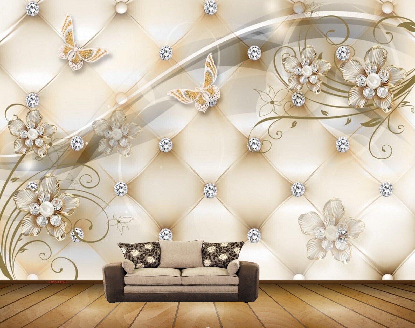 Avikalp MWZ0686 White Golden Flowers Butterflies 3D HD Wallpaper