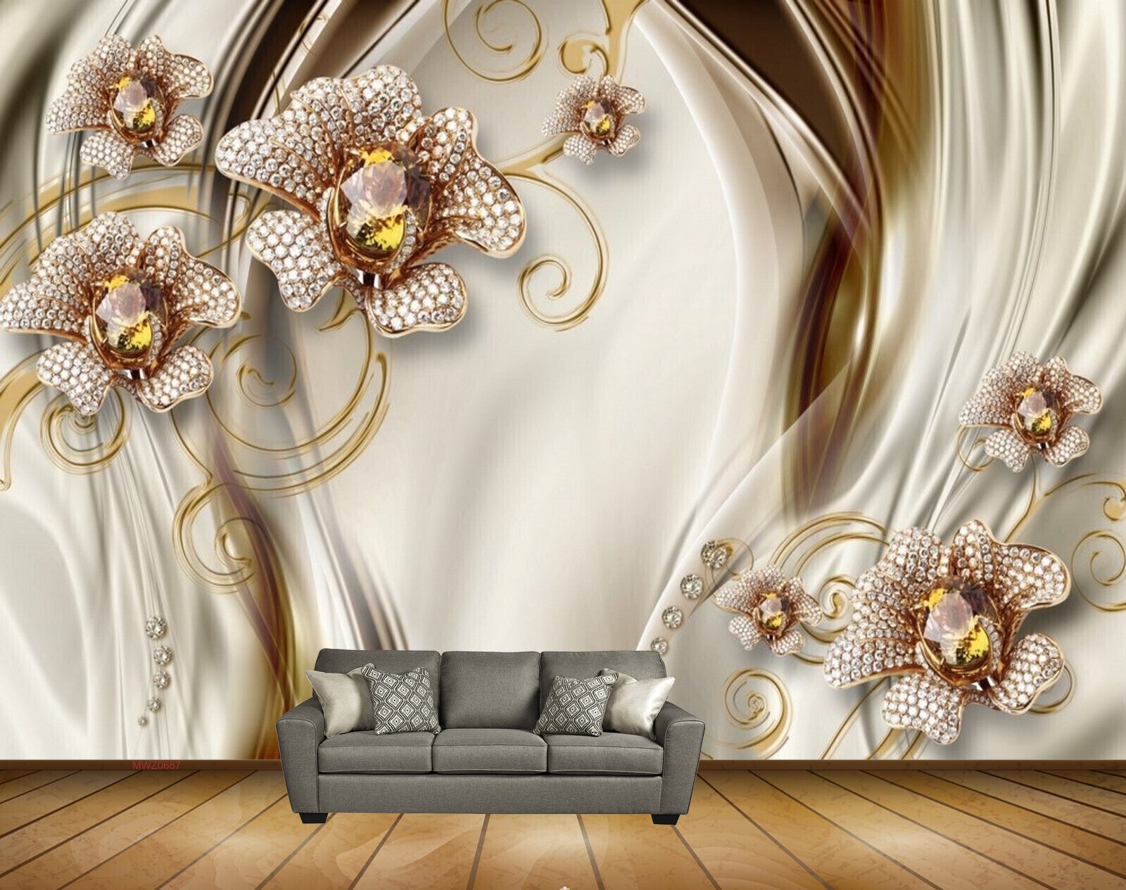 Avikalp MWZ0687 White Golden Flowers 3D HD Wallpaper