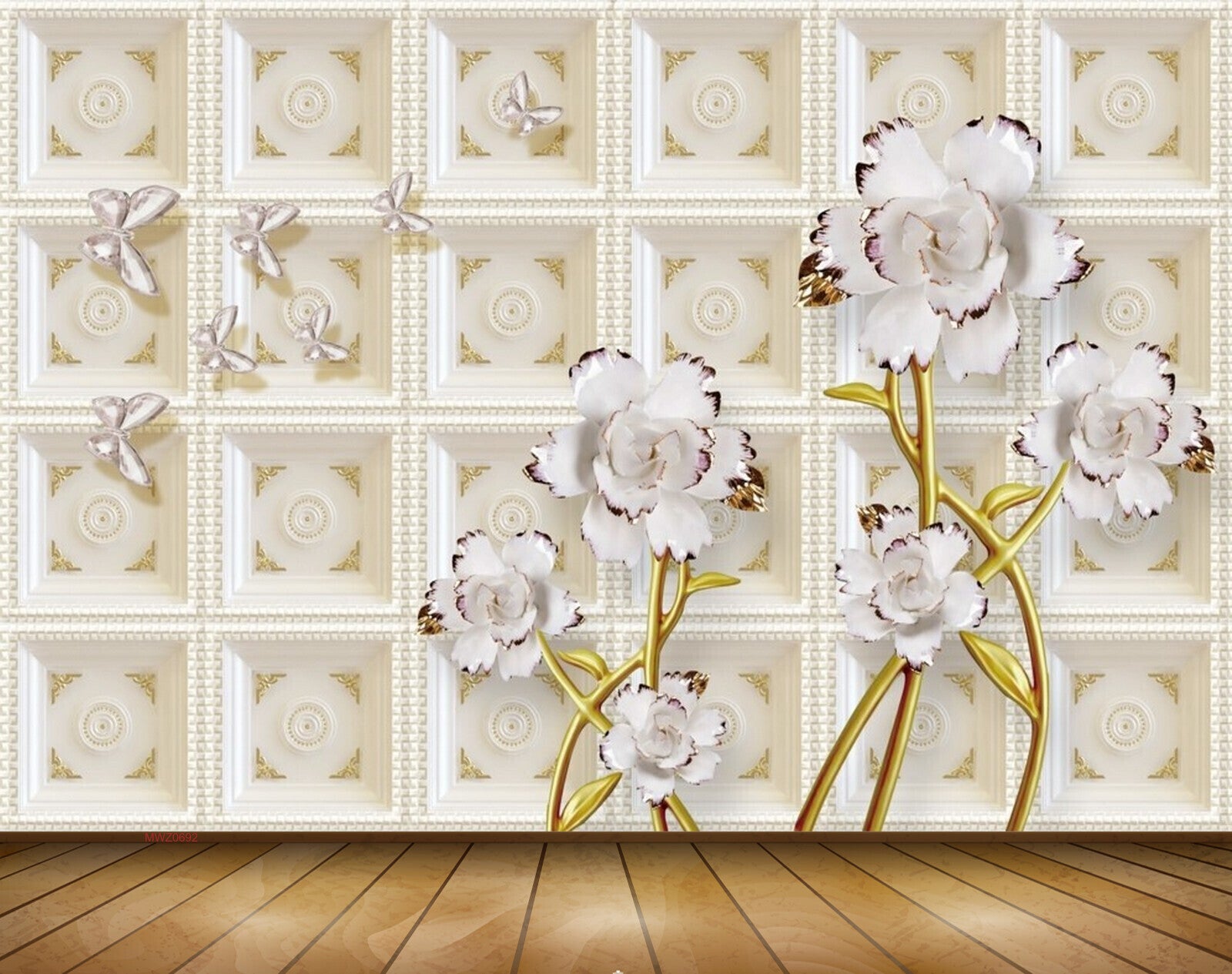 Avikalp MWZ0692 White Flowers Butterflies 3D HD Wallpaper