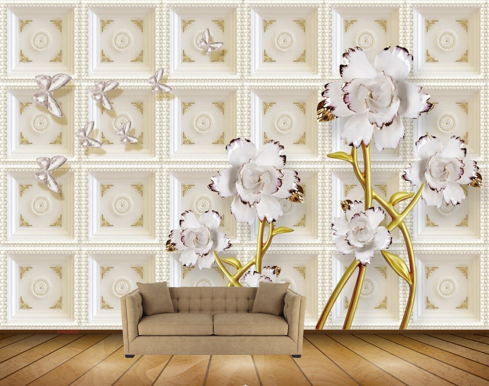 Avikalp MWZ0692 White Flowers Butterflies 3D HD Wallpaper