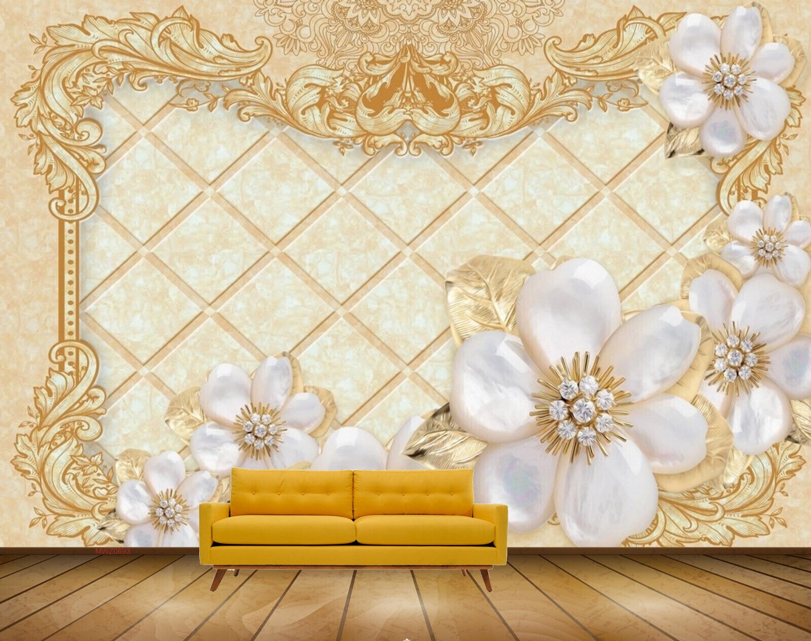 Avikalp MWZ0693 White Golden Flowers Leaves 3D HD Wallpaper