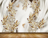 Avikalp MWZ0694 White Golden Leaves Butterflies 3D HD Wallpaper